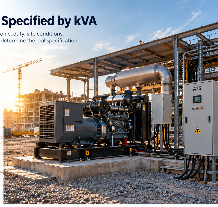 Industrial generator installation in a hot, dusty construction environment with ATS, power distribution and ventilation conditions