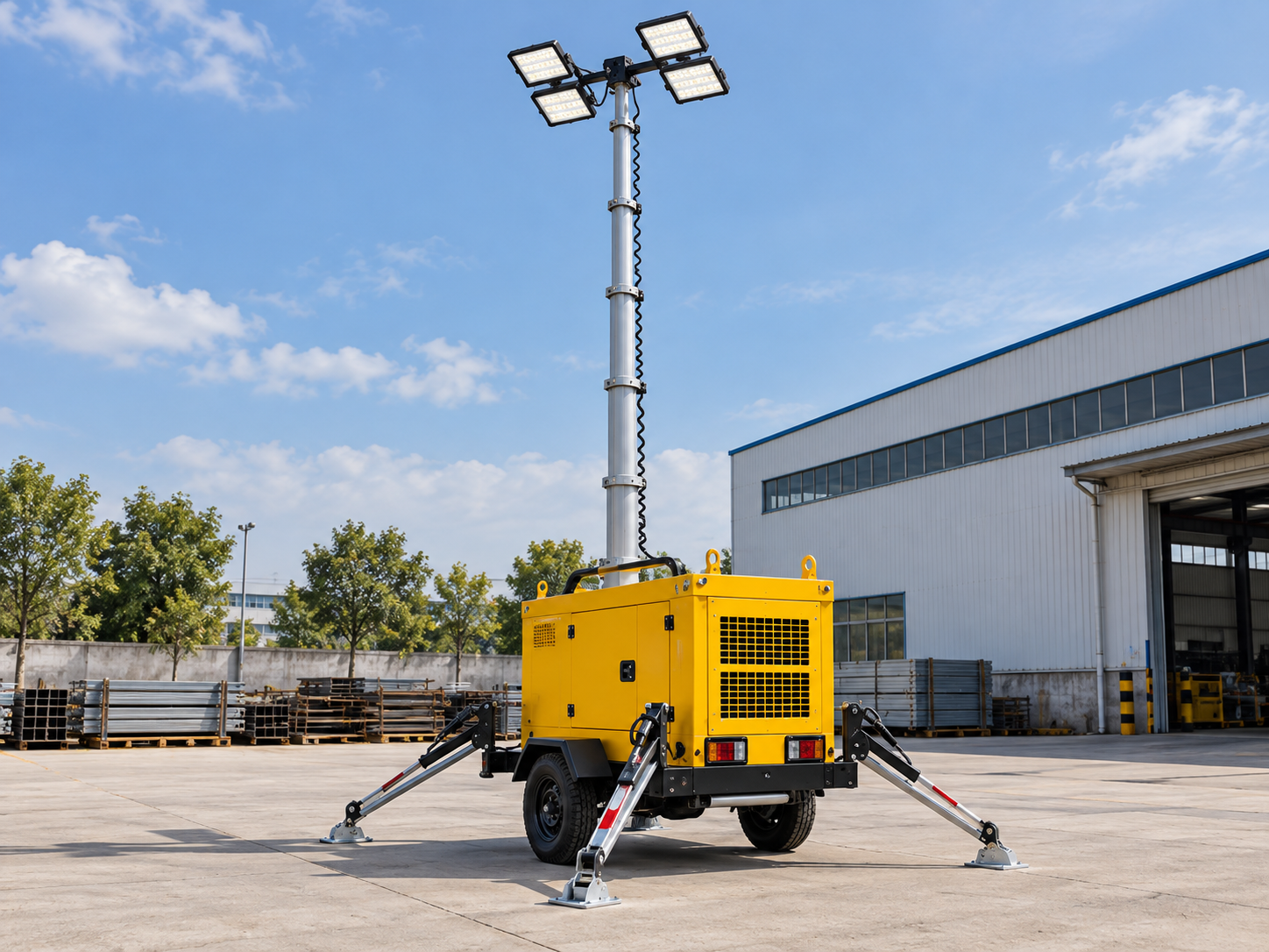 Illustrative mobile lighting tower showing mast, enclosure and deployed stabilizers