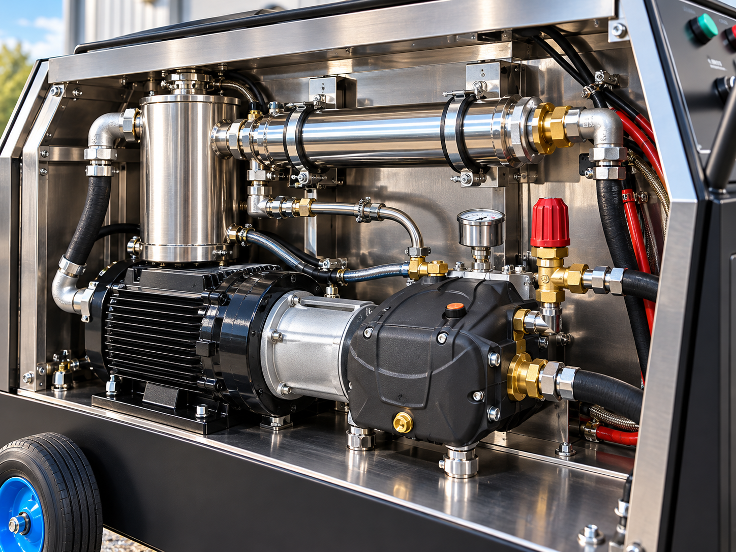 High-pressure pump and piping detail inside a professional cleaning system