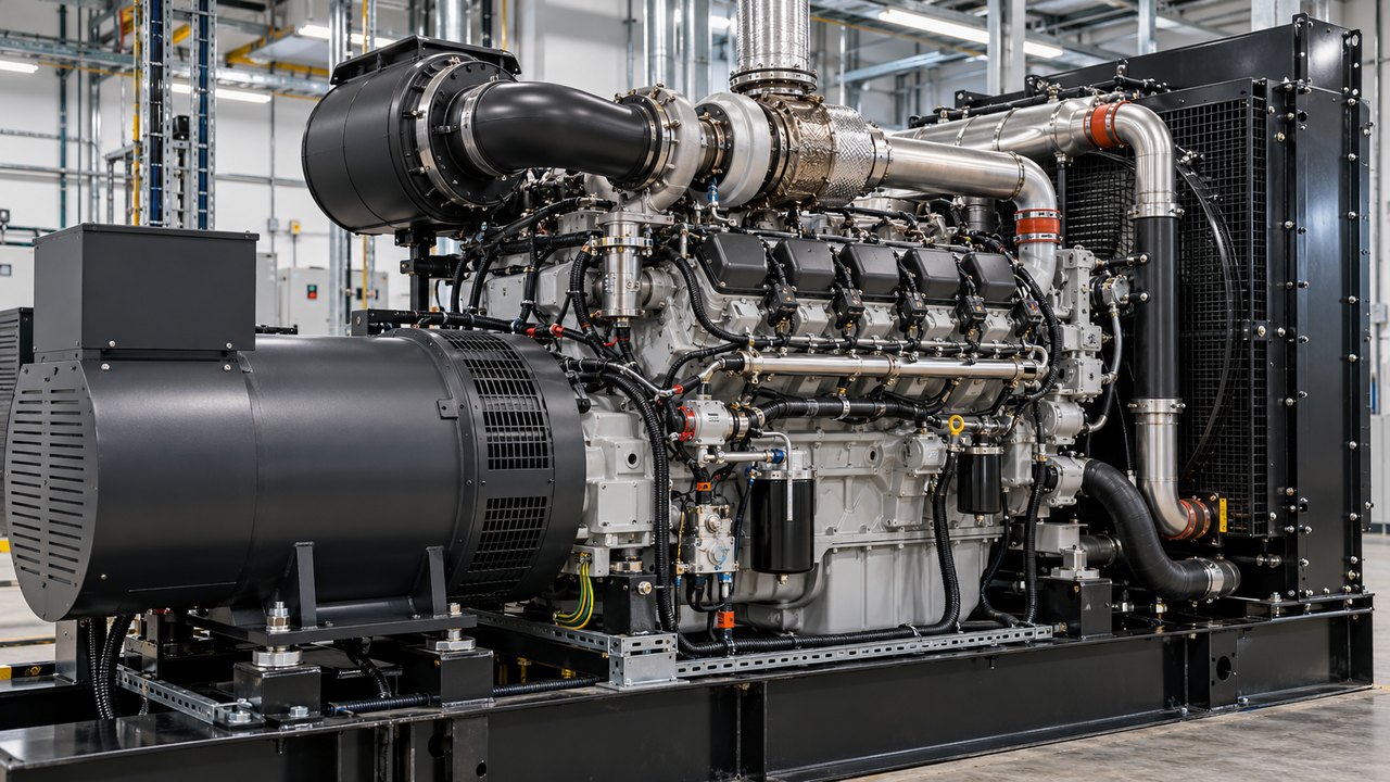 Medium-scale gas generator engine showing intake, exhaust, ignition and engine-control hardware