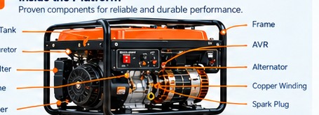 Gasoline generator platform anatomy with alternator, AVR and copper winding