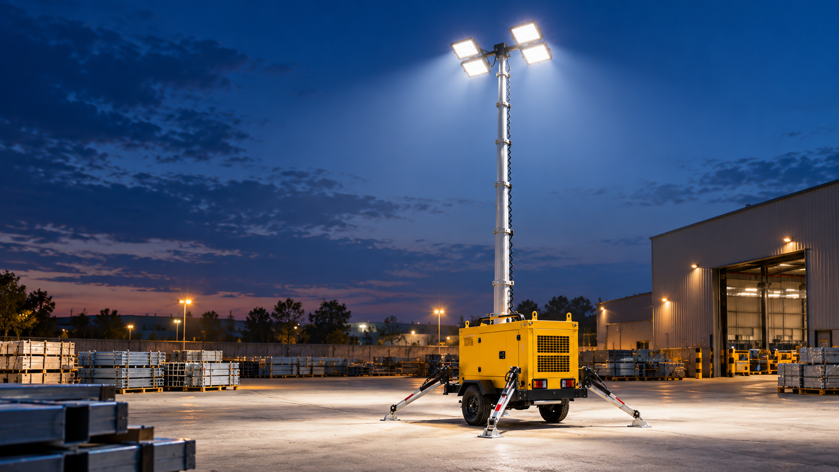 Illustrative lighting tower illuminating an industrial yard at night