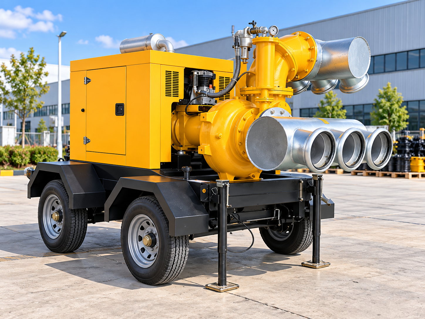 Trailer-mounted diesel dewatering pump with large suction hose connected
