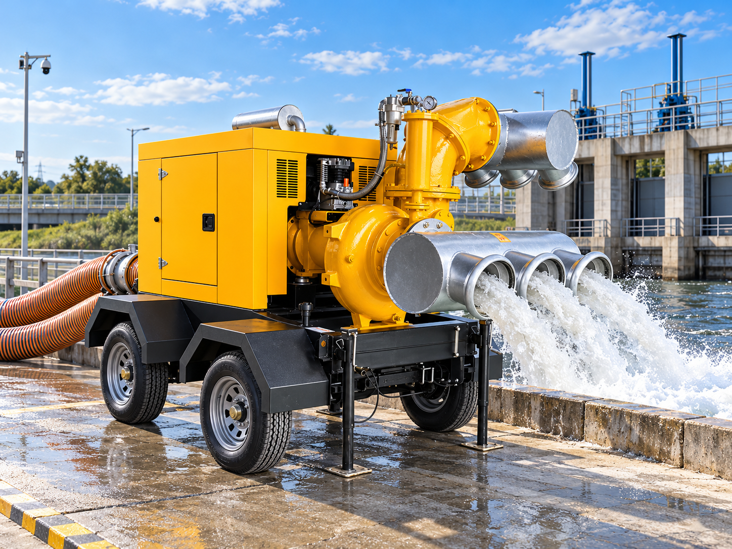 Trailer-mounted diesel dewatering pump operating on site