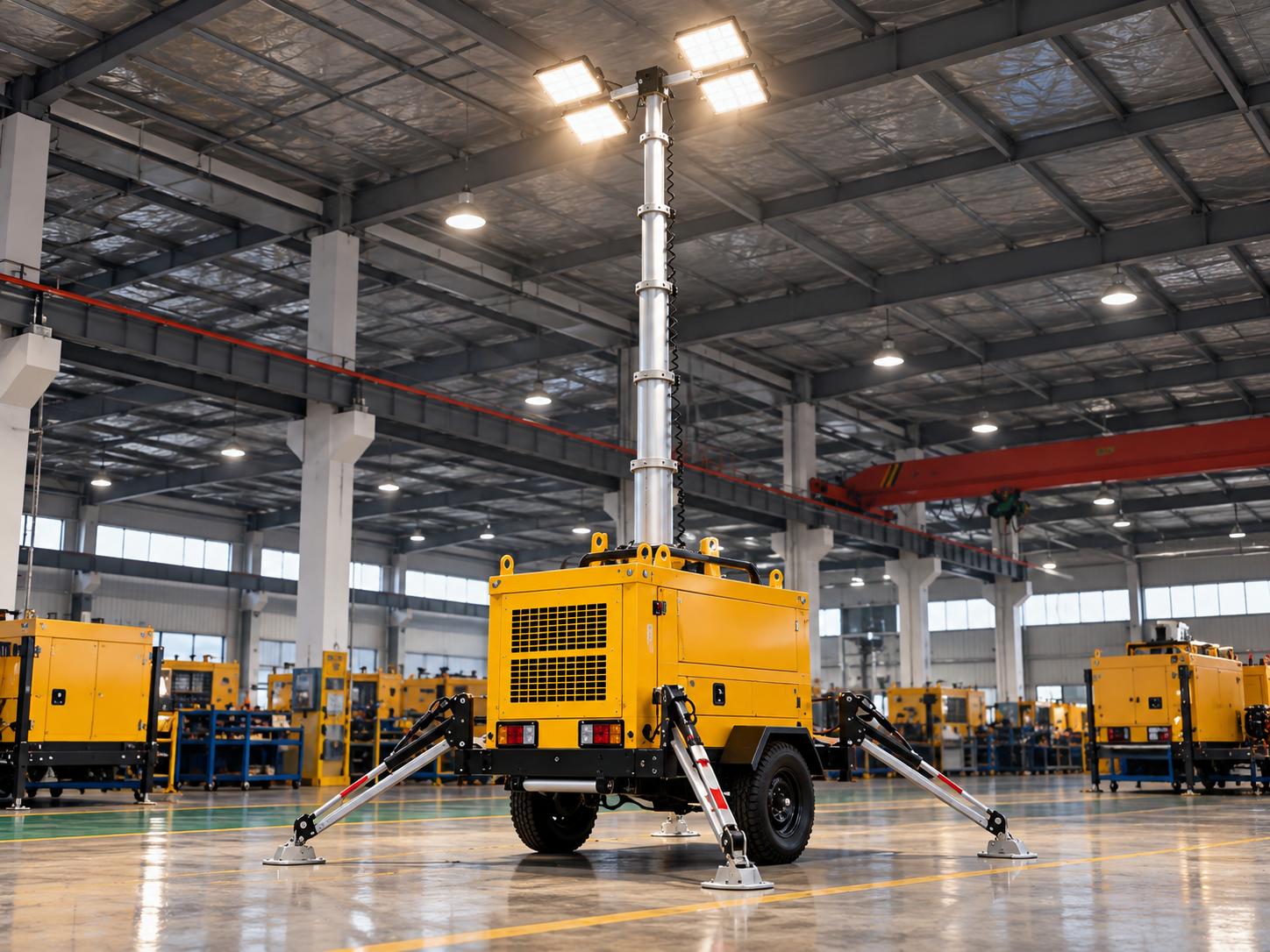 Illustrative lighting tower functional test inside a factory