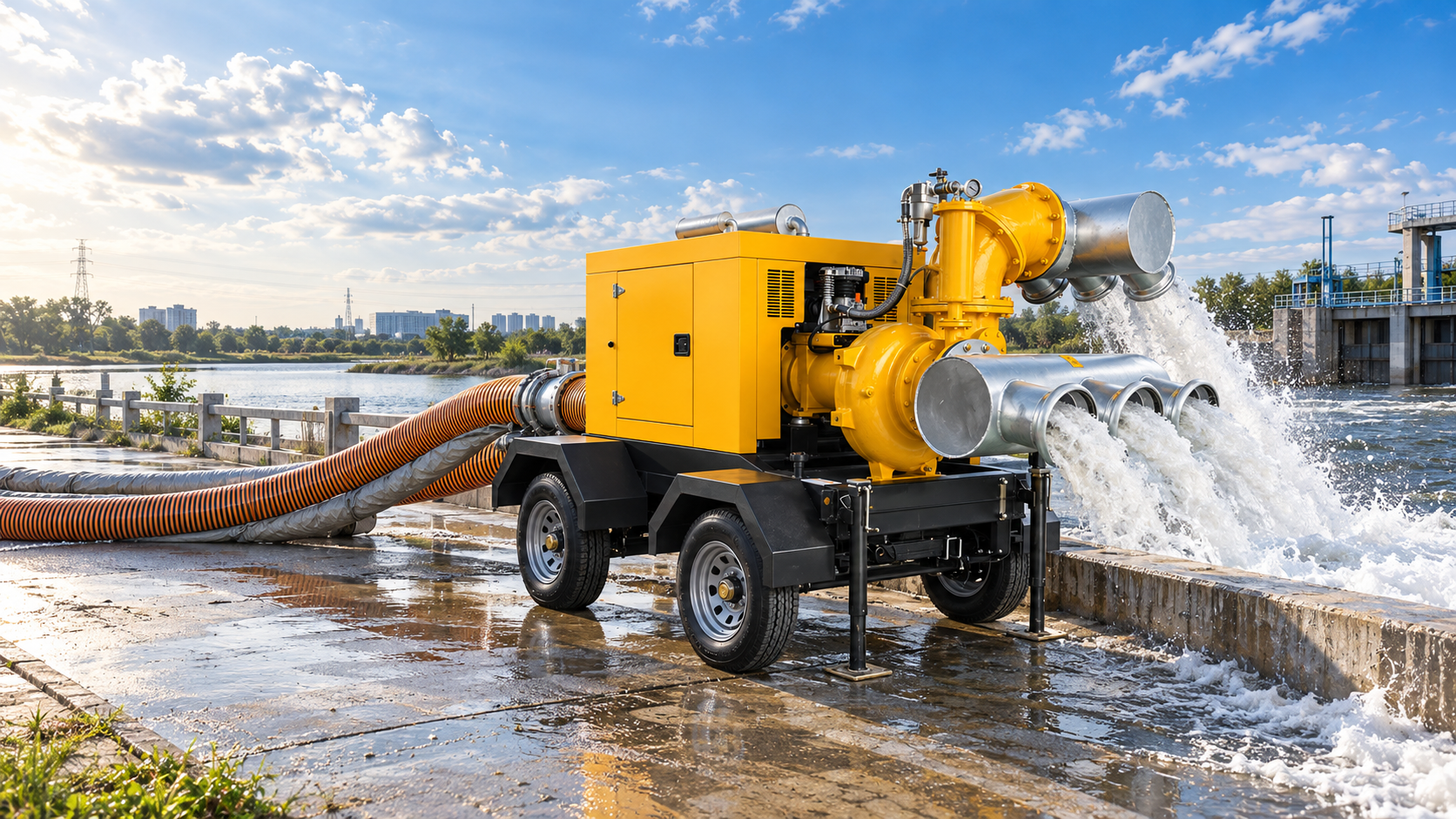 Representative mobile dewatering pump operating beside a riverbank