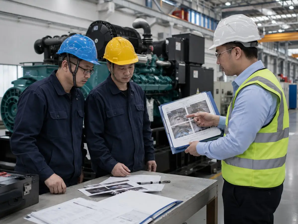 Supplier corrective-action review beside a generator in a factory