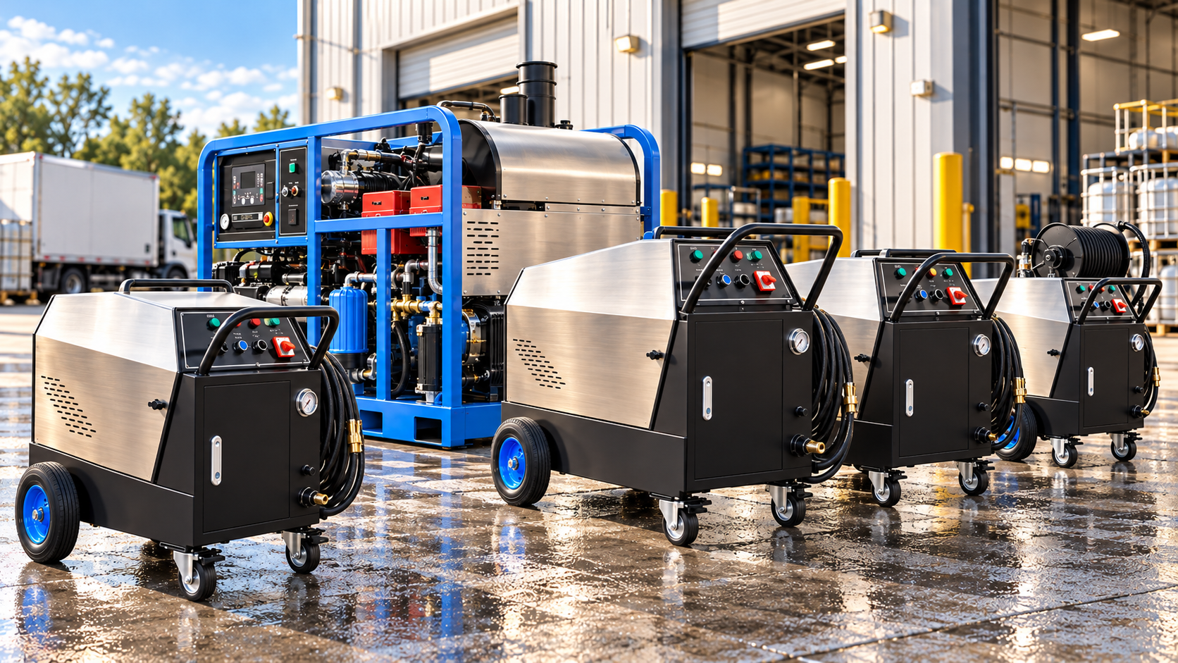 Logo-free lineup of industrial hot-water high-pressure cleaning systems