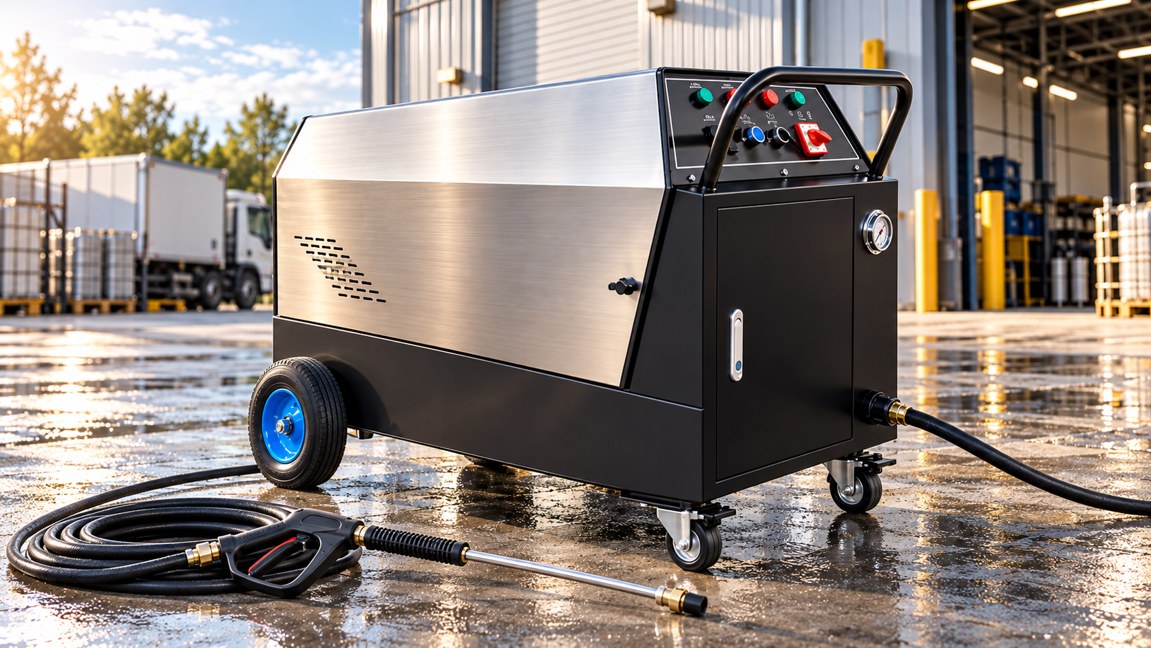 Logo-free industrial hot-water high-pressure washer outside a factory