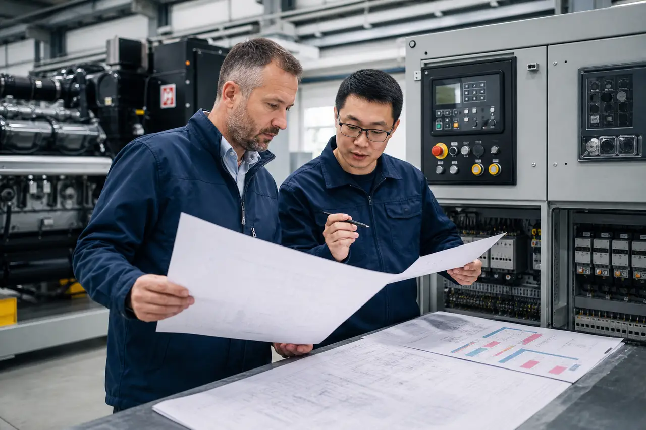 Overseas buyer and China-side technical procurement specialist reviewing generator controls in a factory