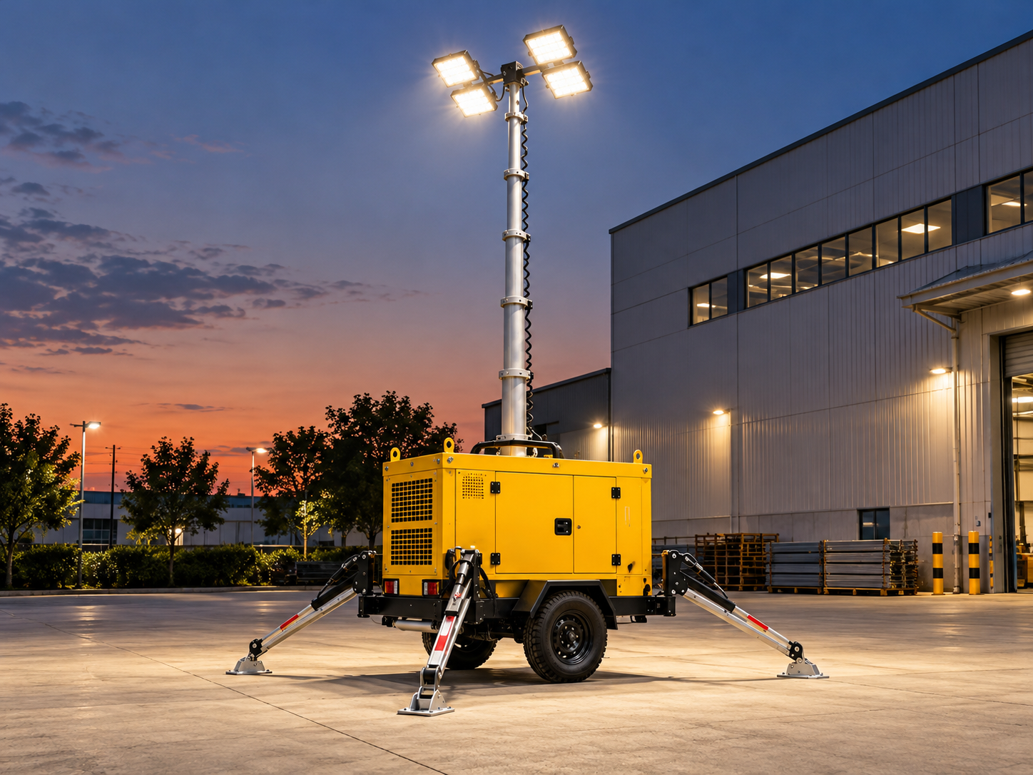 Illustrative lighting tower operating at dusk in an industrial yard