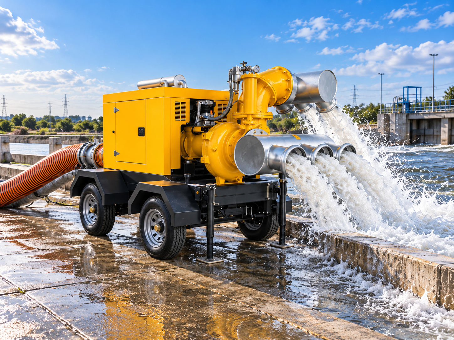 Large mobile dewatering pump running with hoses connected